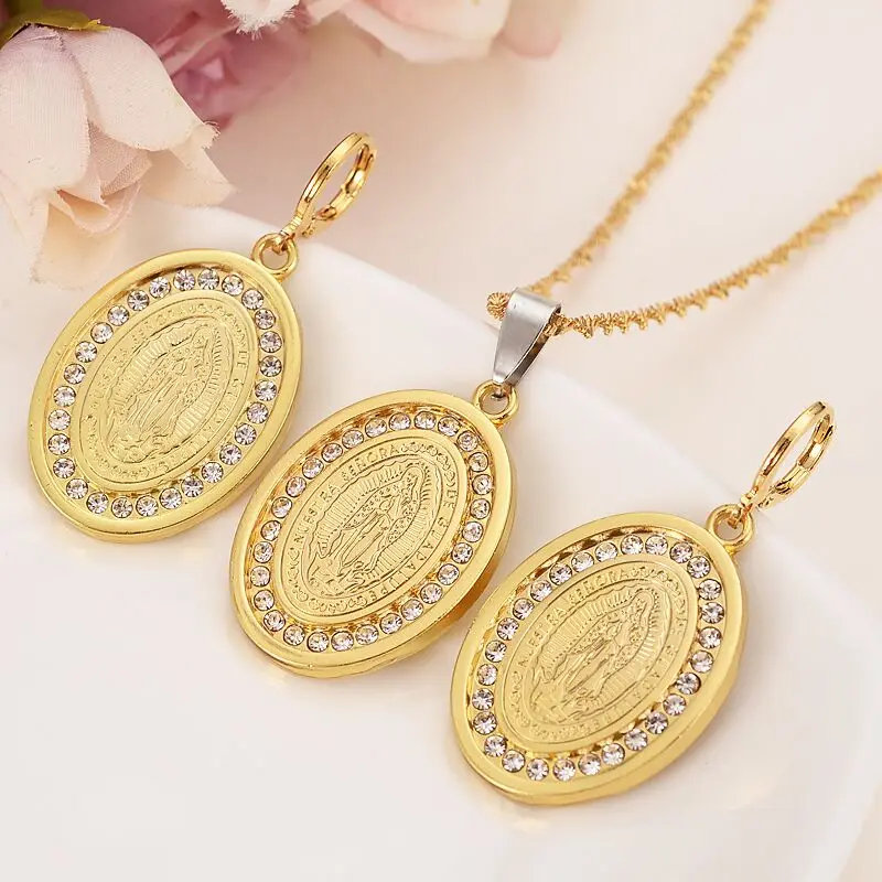 Mother Virgin Mary Necklace Pendant Earrings Set 14 k Solid gold-Finish Catholic Religious crystal Jewelry Set Christmas Gift
Mother Virgin Mary Necklace Pendant Earrings Set 14 k Solid gold-Finish Catholic Religious crystal Jewelry Set Christmas Gift