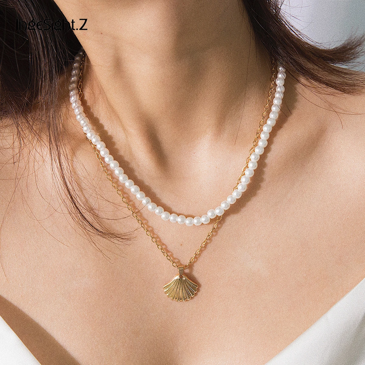 

IngeSight.Z 2Pcs/set Bohemian Imitation Pearl Choker Necklace Women Statement Golden Shell Scallop Pendant Necklace Jewelry