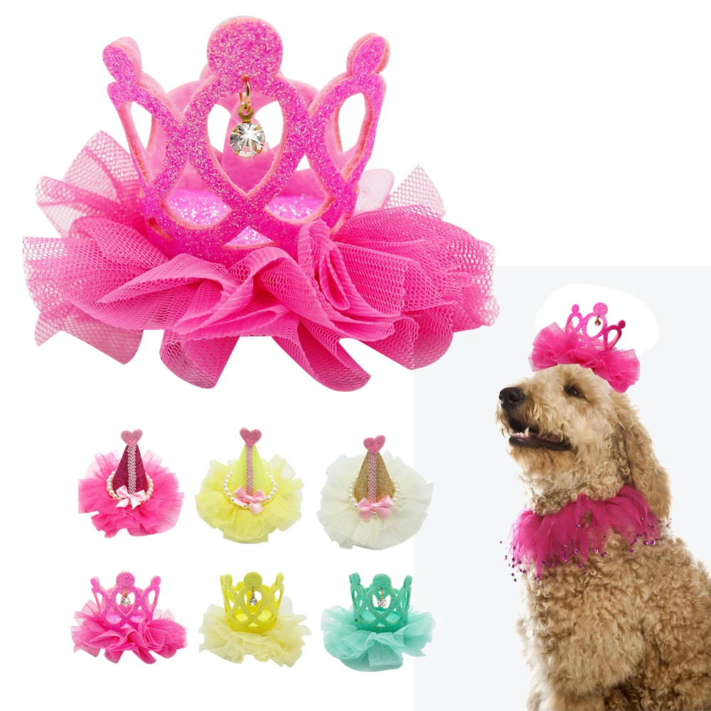 Lace Dog Hair Clip Birthday Party Hat and Crown Shaped Hairpin for Small Pets Puppy