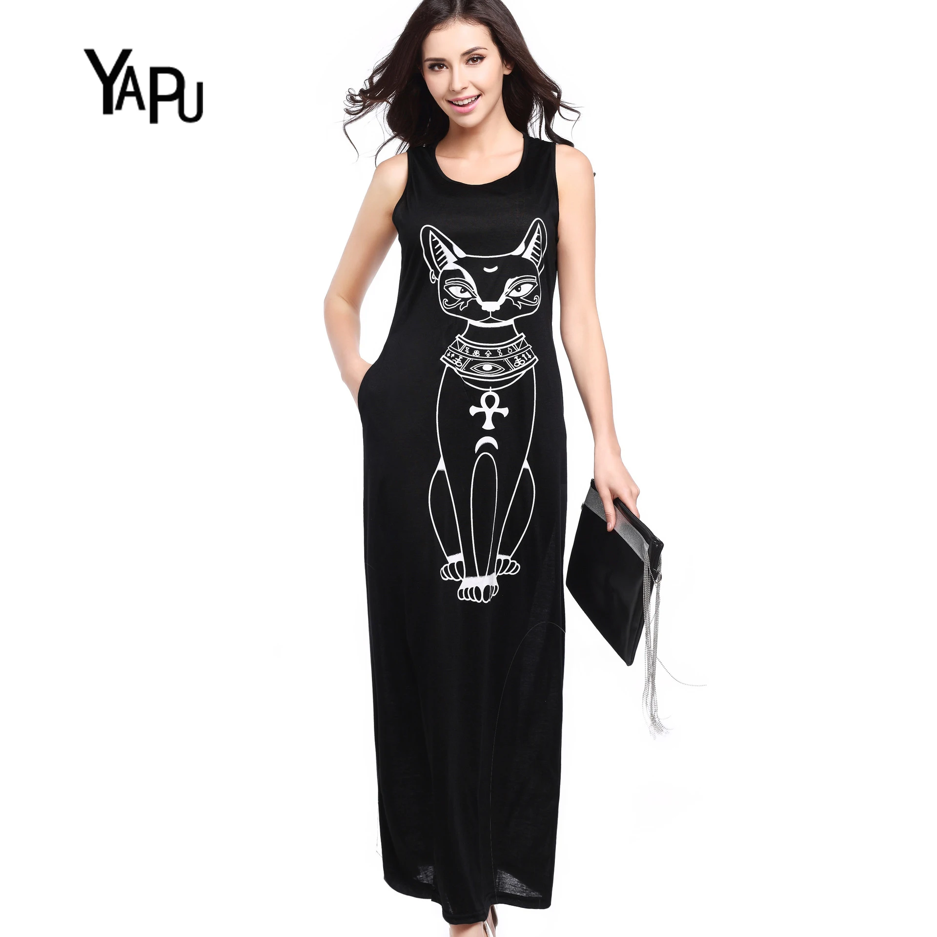 Image Robe femme ete 2017 summer animal cat vest dress sexy bag hip was thin sleeveless plus size long dress