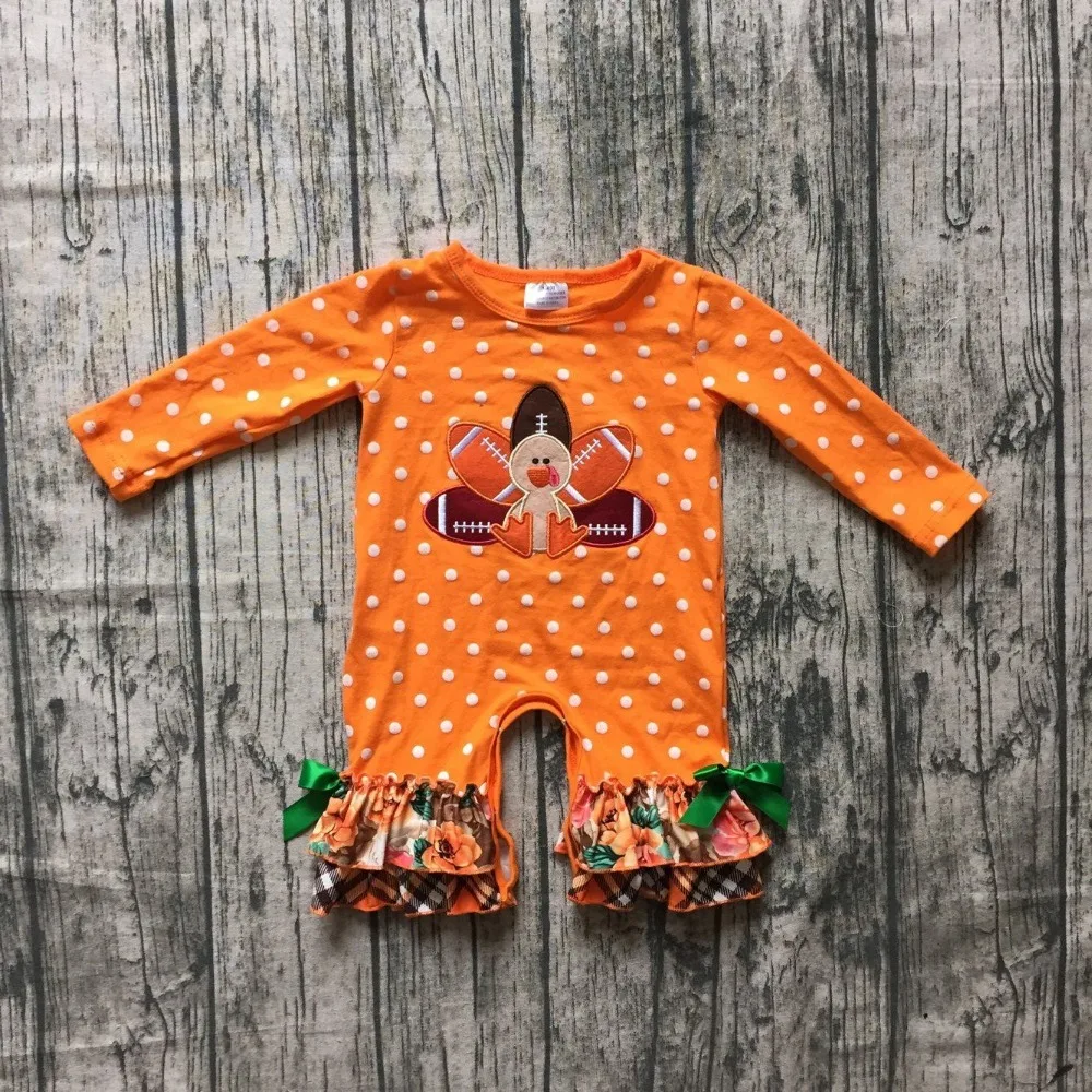

nFall/winter thanksgiving baby girls boutique clothing orange turkey polka dot ruffles infant cotton fashion tutu romper Toddler