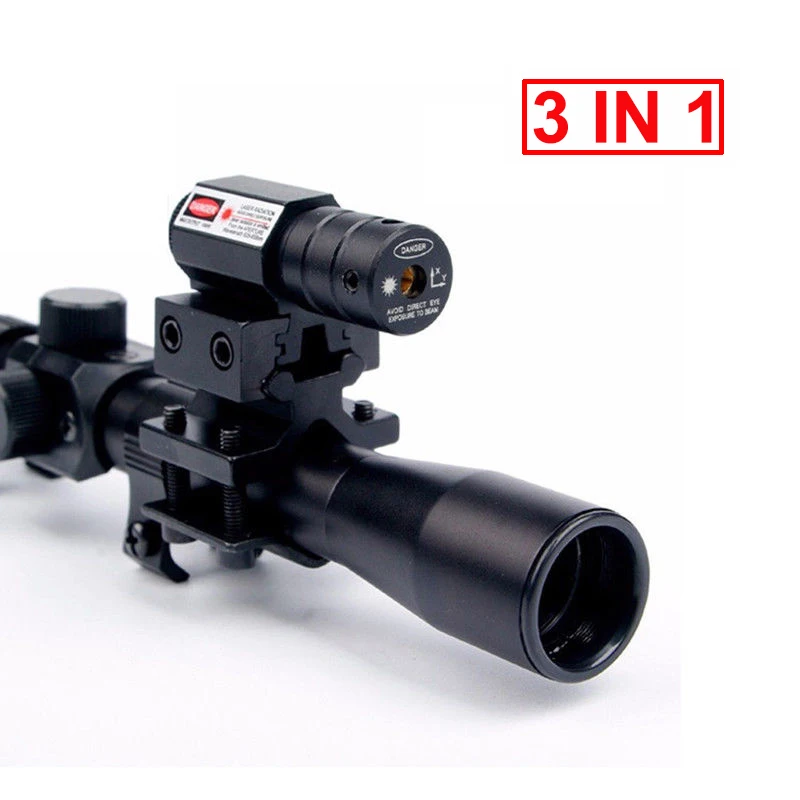 

3in1 4x20 Tactical Hunting Riflescope Crossbow Optics with Red Dot Laser Sight 11mm Rail Mounts for 22 Caliber Guns Rifle Scope