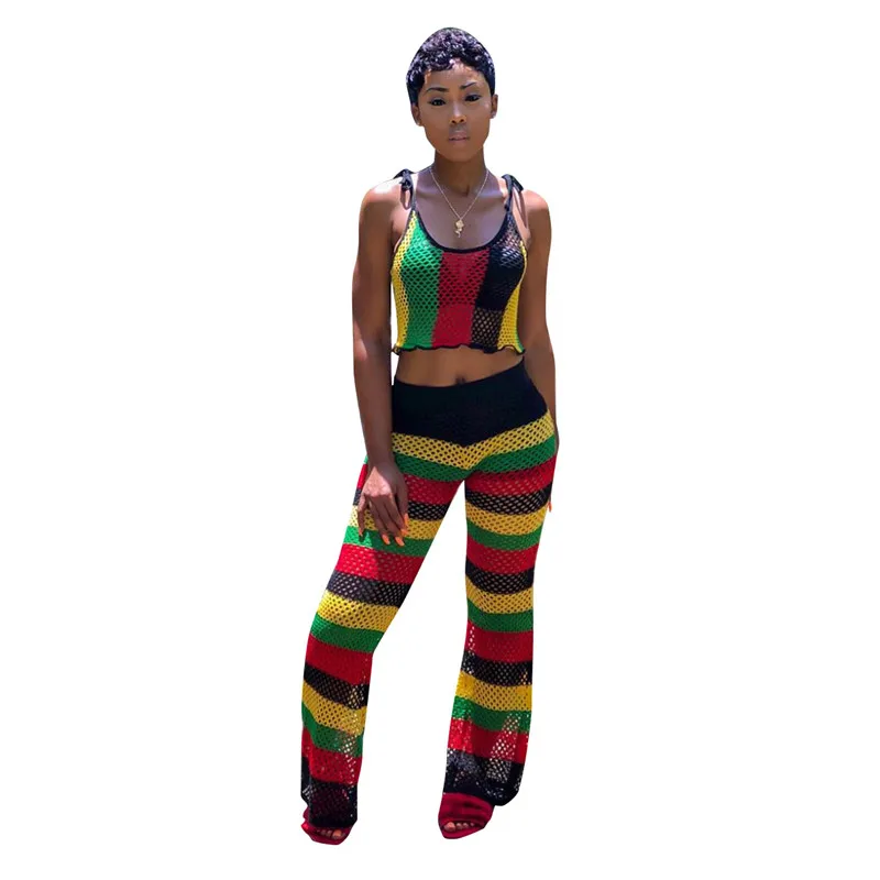 Sexy Fishnet Two Piece Set Summer Hollow Out Mesh Crop Top Set Rainbow Striped Wide Leg Pant Suit Beach Casual Women Suit Set
Sexy Fishnet Two Piece Set Summer Hollow Out Mesh Crop Top Set Rainbow Striped Wide Leg Pant Suit Beach Casual Women Suit Set
