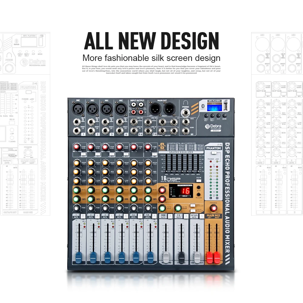 Debra Audio EVA-8 8 Channel Audio MixerDJ & Studio Console Mixer System Built-in Bluetooth Wireless Receiver Debra Audio EVA-8 8 Channel Audio MixerDJ & Studio Console Mixer System Built-in Bluetooth Wireless Receiver