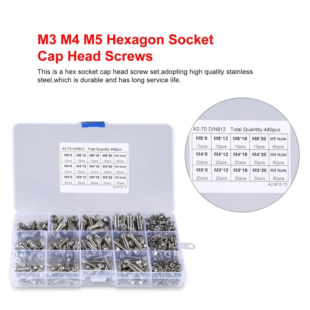 440PCS M3 M4 M5 Hexagon Hex Socket Head Cap Screws set Stainless Steel Hex Socket Head Cap Screws with M3 M4 M5 Nuts
440PCS M3 M4 M5 Hexagon Hex Socket Head Cap Screws set Stainless Steel Hex Socket Head Cap Screws with M3 M4 M5 Nuts