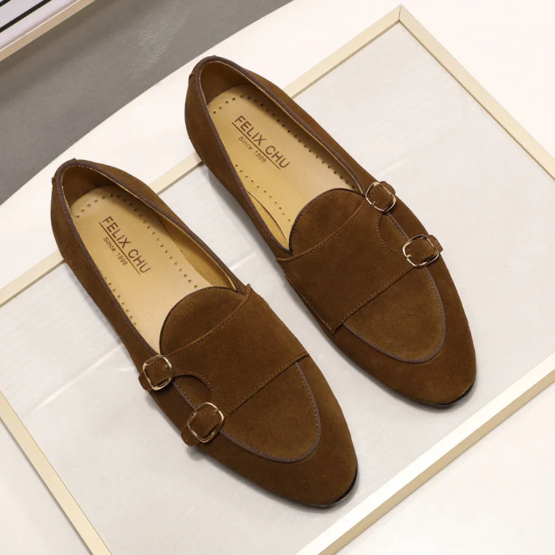 Men's Monk Strap Suede Leather Loafers Close-Up Construction Details
