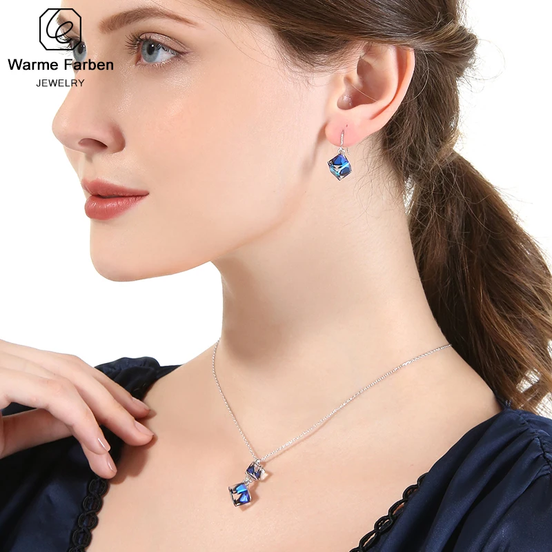 Fashion Jewelry Set Square Cube Blue Crystal Pendant Necklace Earrings Made with Swarovski Crystal Birthday Gift Top Quality
Fashion Jewelry Set Square Cube Blue Crystal Pendant Necklace Earrings Made with Swarovski Crystal Birthday Gift Top Quality