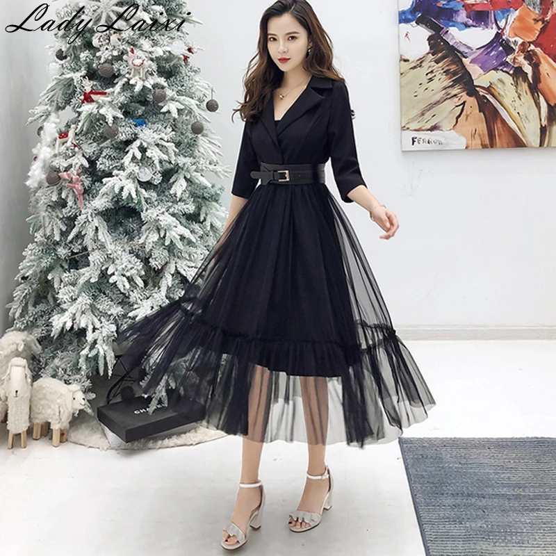 2019 Autumn Korean Style Sexy Patchwork Eegant Dress Women Notched Neck Mesh Waist Dresses Long Swing Vestido with sashes
2019 Autumn Korean Style Sexy Patchwork Eegant Dress Women Notched Neck Mesh Waist Dresses Long Swing Vestido with sashes