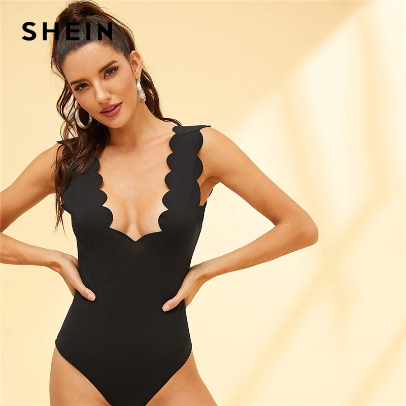 

SHEIN Black Scallop Trim Solid Mid Waist Bodysuit Elegant Skinny Deep V Neck Sleeveless Women Summer Autumn Elegant Bodysuits