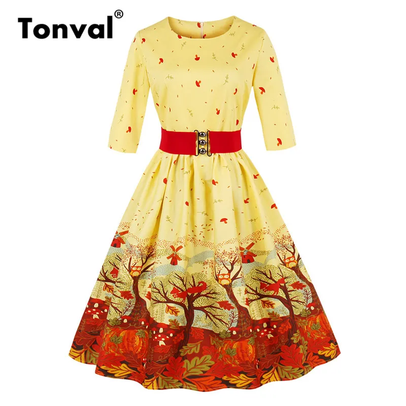 Tonval Autumn Scenery Yellow Dress Leafs Print Elegant Women Christmas Winter Dress Belted Plus Size Swing Dresses
Tonval Autumn Scenery Yellow Dress Leafs Print Elegant Women Christmas Winter Dress Belted Plus Size Swing Dresses