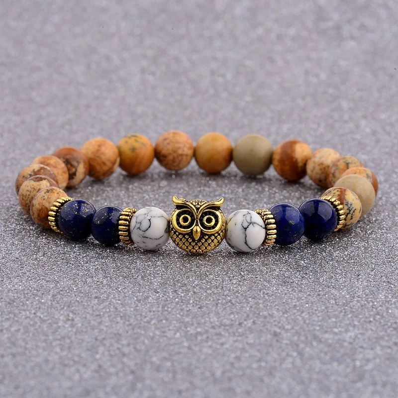 

Amader Trendy Charm Men Owl Shape Tiger Eye Bracelet Women Lava Lapis Lazuli Stone Bracelets Yoga Prayer Jewelry AB505
