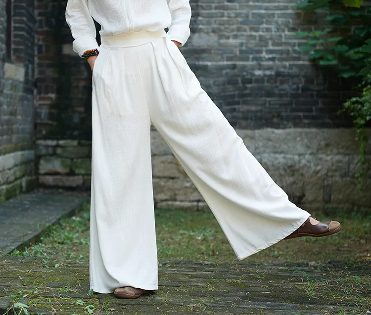 LZJN 2019 Spring Summer Culottes Pants Vintage Cotton Linen Pants Loose Full Length Trousers Women Wide Leg Pants White 3 Colors (29)
