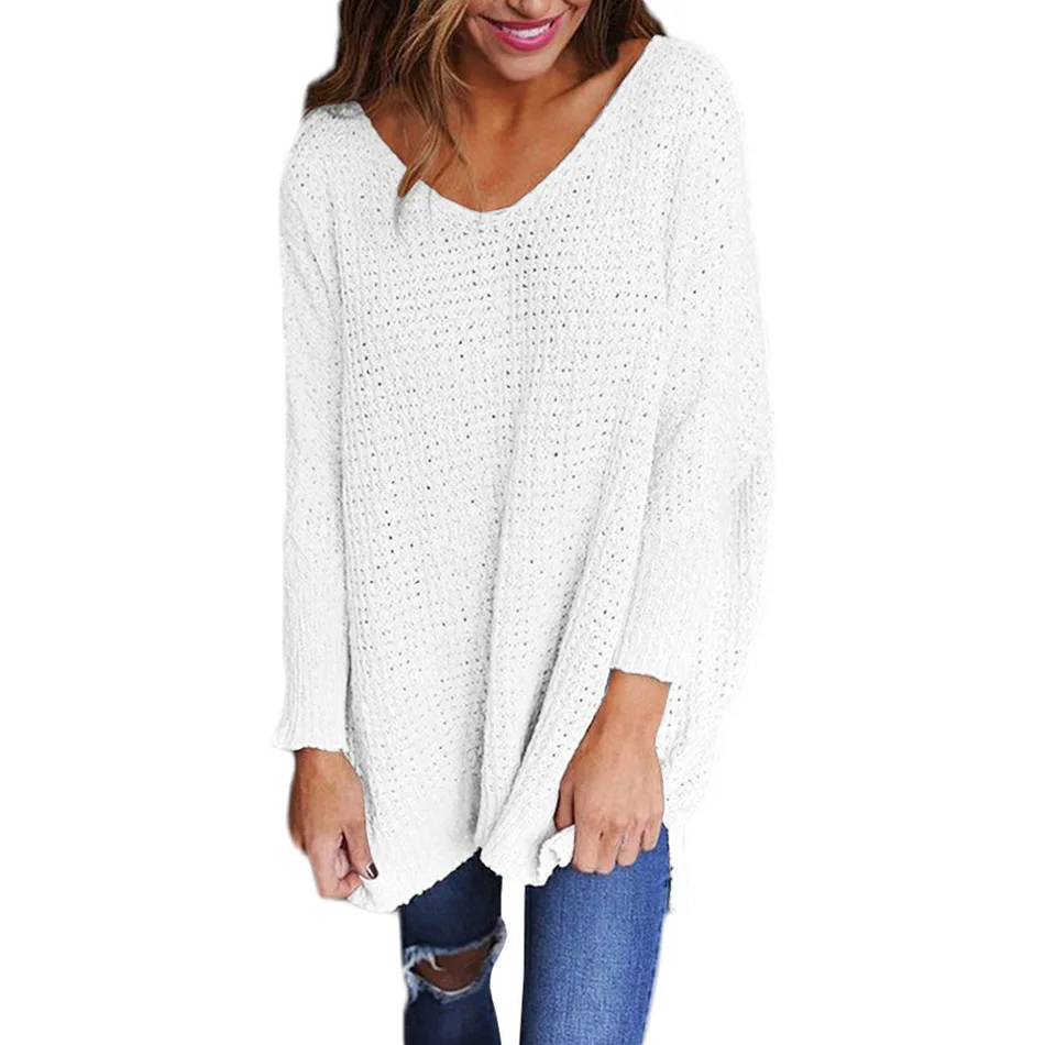 New Loose White Women Sweaters Long Sleeve V-Neck Knitted Solid Black Gray Lady's Pullovers Female Autumn Casual Tops | Женская
