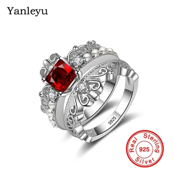 

Yanleyu 925 Stamped Sterling Silver Wedding Rings Set for Women 2pcs Bijoux Red Zircon CZ Pearl Crown Engagement Ring PR174