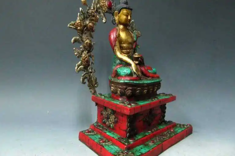 Tibet Pure Bronze 24K Gild inlay turquoise Red coral ruby beryl Sakyamuni Buddha