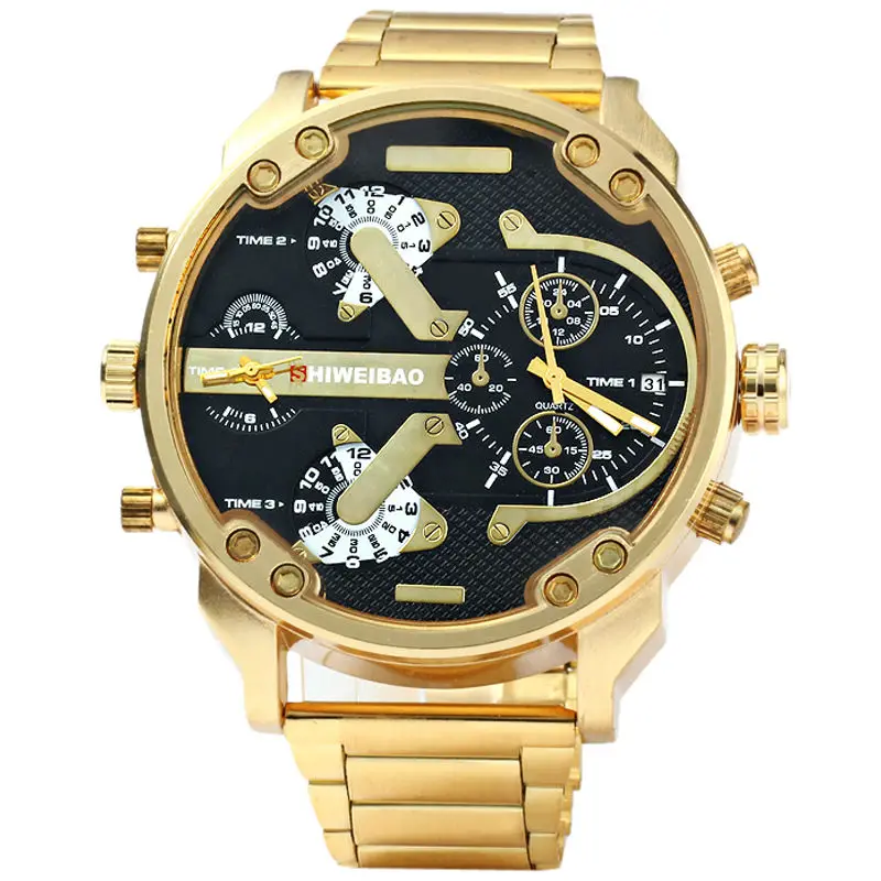 

Brand Shiweibao Mens Quartz Watches Men Golden Steel Watchband Dual Time Zones Military Wristwatches Sport Relogio Masculino New