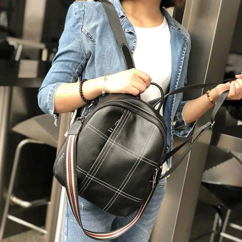 

2019 Real Cowhide Leather Women Daily Pack White Sewing Grid Design College Teenager Girl Schoolbag Black Travel Backpack