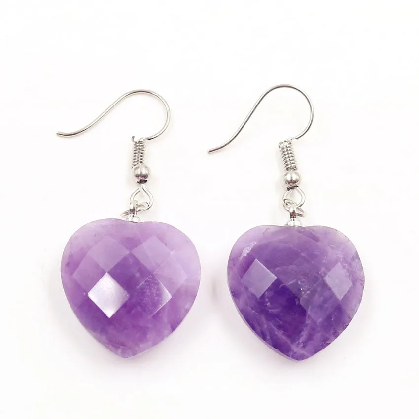 

FYJS Unique Silver Plated Romantic Love Heart Natural Amethysts Dangle Earrings Stone Jewelry