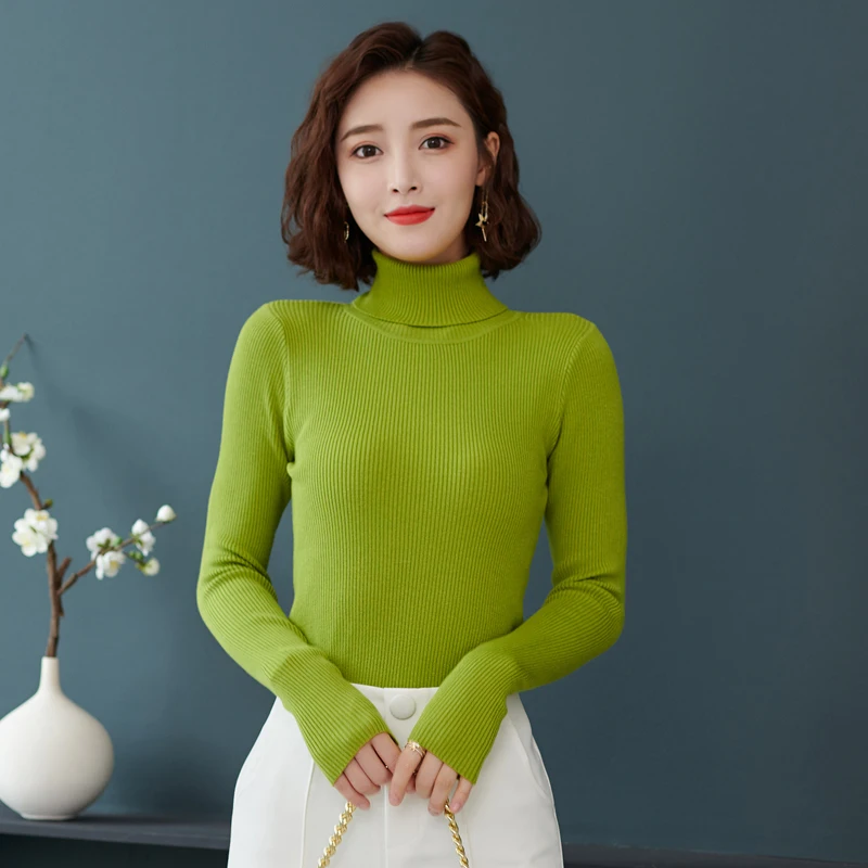 

A la venta 2019 Otoño Invierno mujeres punto suéter de cuello alto Casual suave polo-Cuello puente moda delgada mujer elasticida