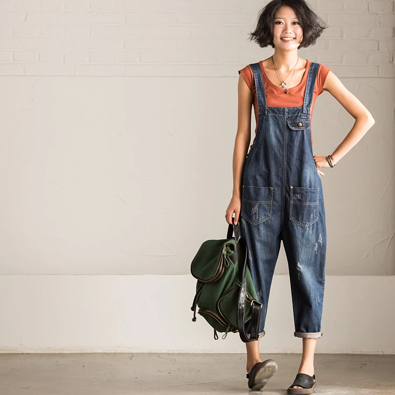 The Milan declaration N1721A loose thin lines grasping Denim Bib female 2016 new autumn