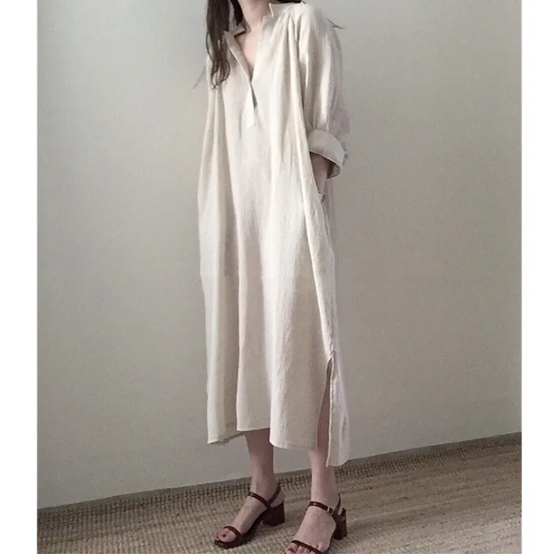 Casual Loose Cotton Linen Shirt Dress Women Summer Korean Chic Lazy Ofa Lantern Sleeve Side Slit Long Midi Dress zomer jurk 
Casual Loose Cotton Linen Shirt Dress Women Summer Korean Chic Lazy Ofa Lantern Sleeve Side Slit Long Midi Dress zomer jurk
