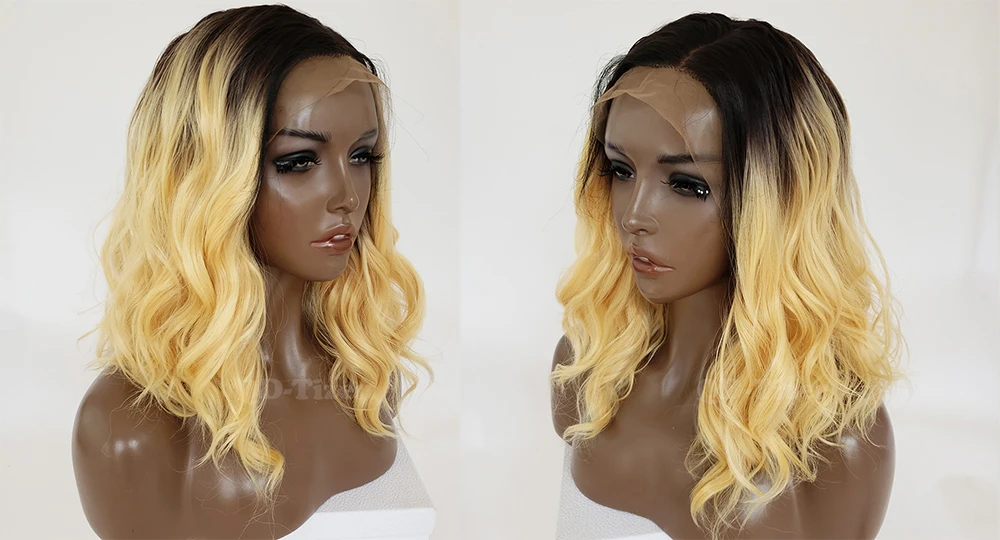 QD-Tizer BLonde Bob Hair Wig Short Wavy Synthetic Lace Front Wig Glueless Ombre Blonde Lace Front Wigs For Black Women 5