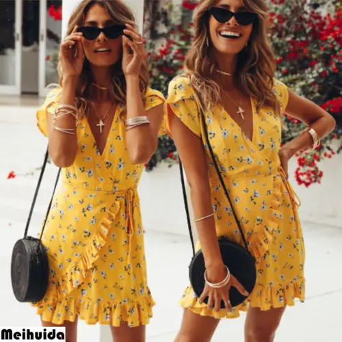 Women Sexy Summer V Neck Bandage Bodycon Yellow Floral Print Mini Dress Boho Ruffles Beach Sundress
Women Sexy Summer V Neck Bandage Bodycon Yellow Floral Print Mini Dress Boho Ruffles Beach Sundress