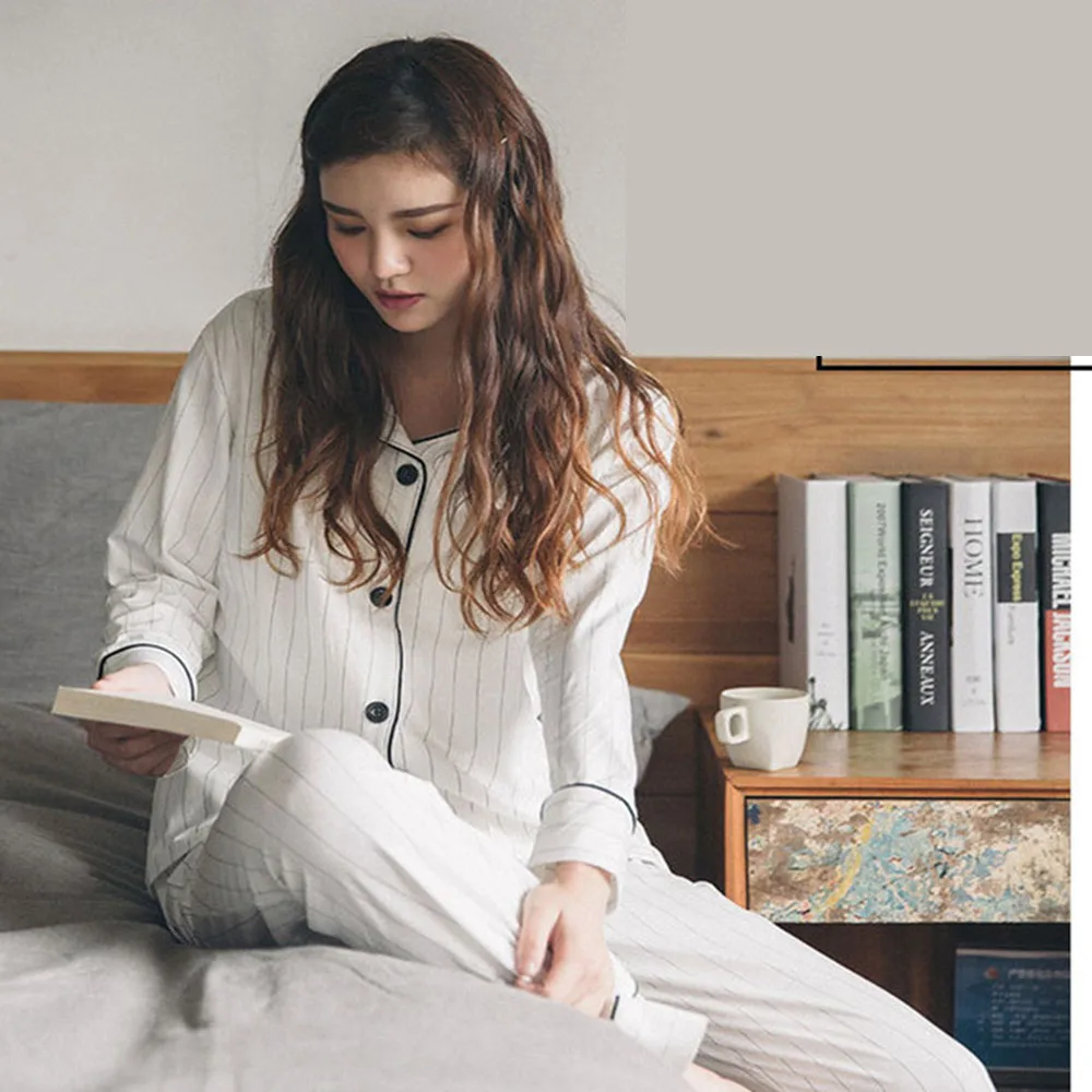 Women Pajamas Set White Striped Casual Cotton Long Sleeve Sleepwear Suit 2 Piece Sexy Spring Homewear Lounge Pant Suit for Women
Women Pajamas Set White Striped Casual Cotton Long Sleeve Sleepwear Suit 2 Piece Sexy Spring Homewear Lounge Pant Suit for Women