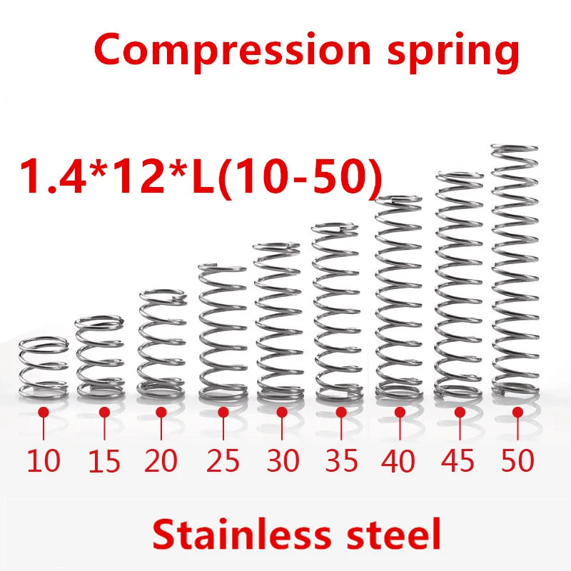10pcs/lot 1.4*12*10/15/20/25/30/35/40/45/50mm spring 1.4mm stainless steel Micro small Compression spring
10pcs/lot 1.4*12*10/15/20/25/30/35/40/45/50mm spring 1.4mm stainless steel Micro small Compression spring