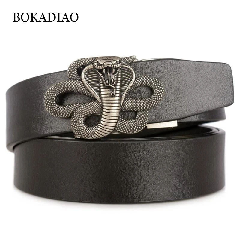 

BOKADIAO Men Genuine Leather Belt Metal Snake Automatic Buckle Black Cowskin Waistband Luxury Brand Designer Belts for Men Jeans