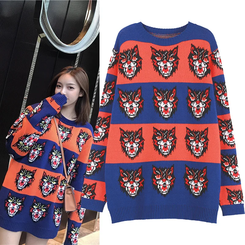 Autumn Winter New Orange Blue Stripes Are Spliced Contrast Women Tide of Long Sweaters In The Round Neck Tiger Knitted Pullover
Autumn Winter New Orange Blue Stripes Are Spliced Contrast Women Tide of Long Sweaters In The Round Neck Tiger Knitted Pullover