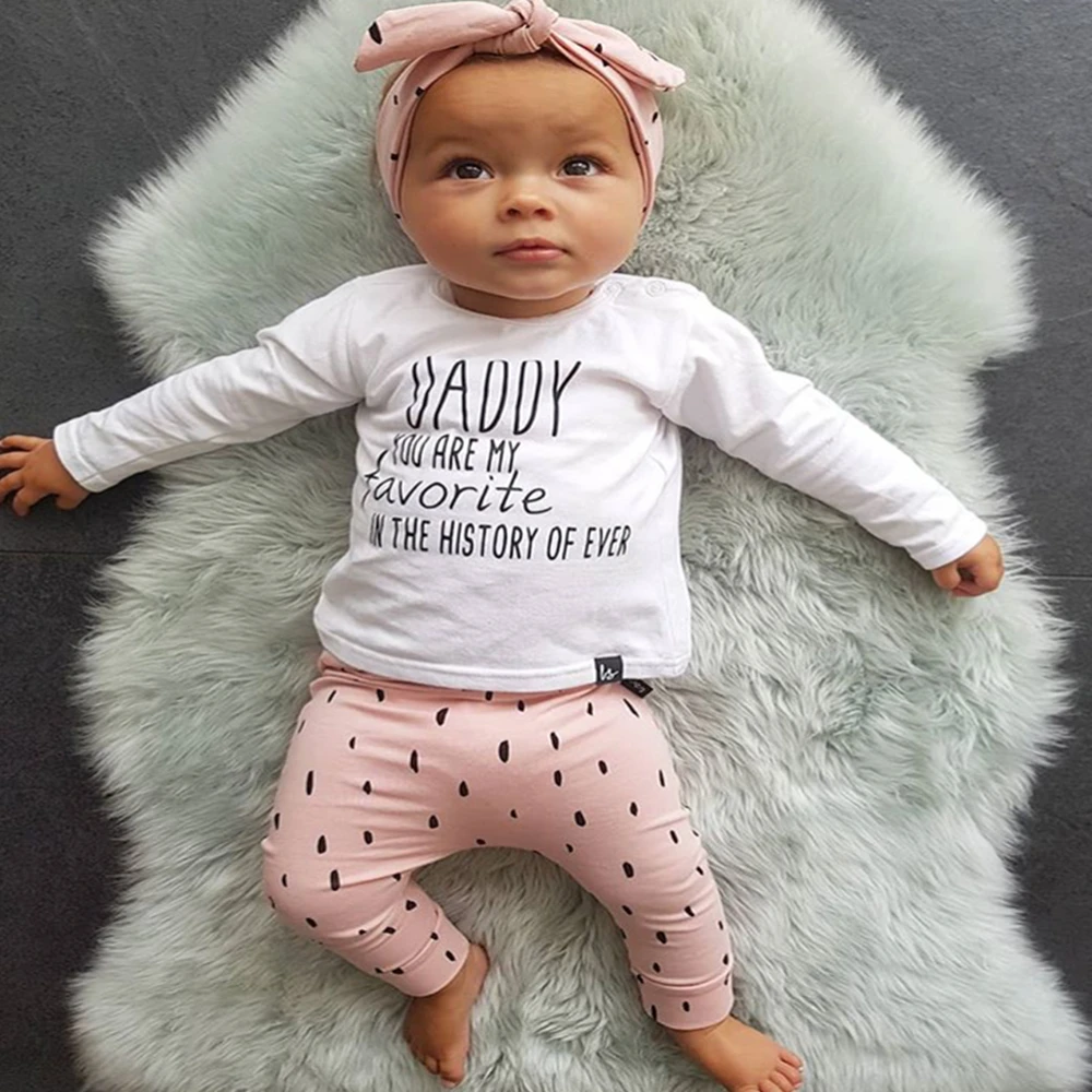 Baby Girls Clothes 3pcs Newborn Outfits Set Long Sleeve Letter Daddy T-shirt+Dot Pant+Headband Infant Toddler Clothing Suit
Baby Girls Clothes 3pcs Newborn Outfits Set Long Sleeve Letter Daddy T-shirt+Dot Pant+Headband Infant Toddler Clothing Suit