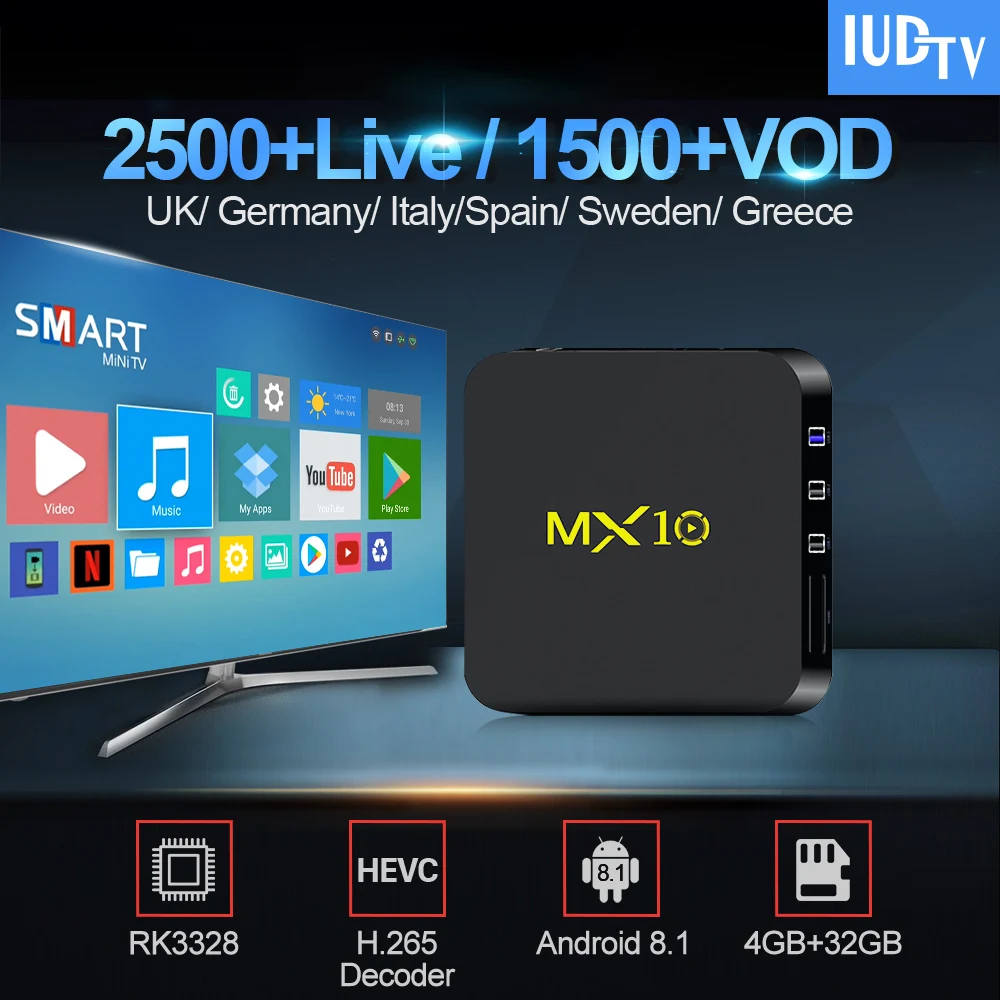 IPTV Greece Sweden With IUDTV Iptv Subscription MX10 RK3328 4GB 32GB Smart Android 9.0 TV Box Germany Spain Italy UK Vod IP TV
IPTV Greece Sweden With IUDTV Iptv Subscription MX10 RK3328 4GB 32GB Smart Android 9.0 TV Box Germany Spain Italy UK Vod IP TV