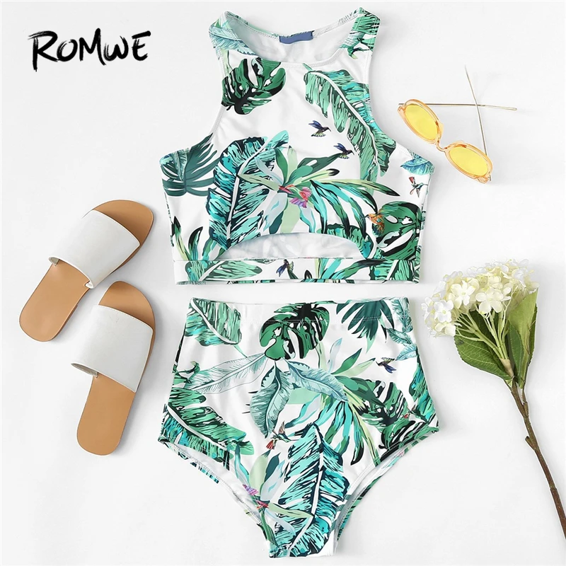 

Romwe Sport Green Tropical Palm Leaf Print Cut Out Beach Hot Tankini Set Swimming Suit For Women Bikinis Sexy Biquini Swimsuit