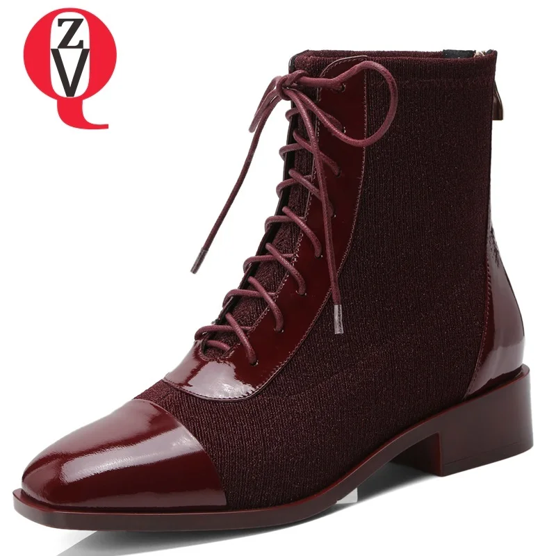 ZVQ newest hot sale patent leather and stretch fabric lace-up and zipper low square heel square toe concise casual ankle boots
ZVQ newest hot sale patent leather and stretch fabric lace-up and zipper low square heel square toe concise casual ankle boots