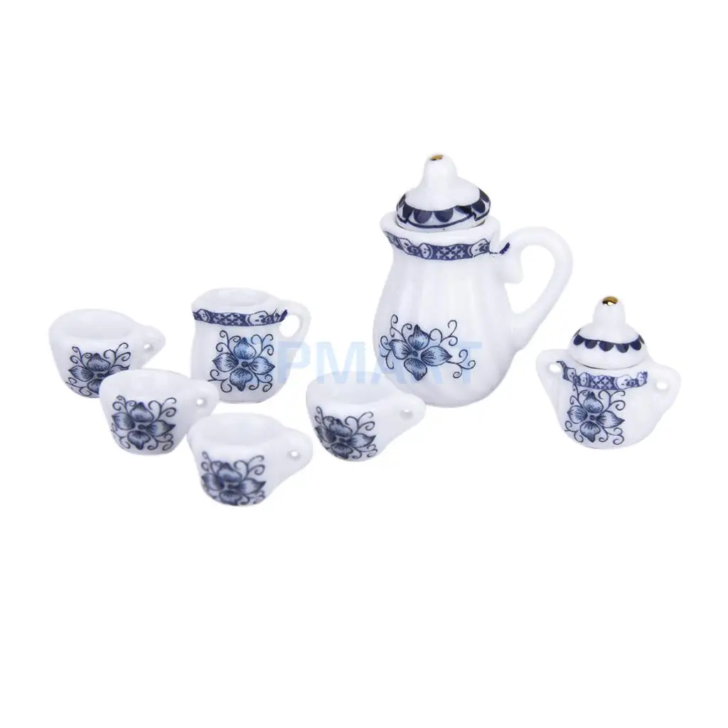 MagiDeal 15Pcs Dollhouse Miniature Dining Ware Blue Porcelain Tea Coffee Set Dish Cup Plate Furniture Decor Pretend Play Toys