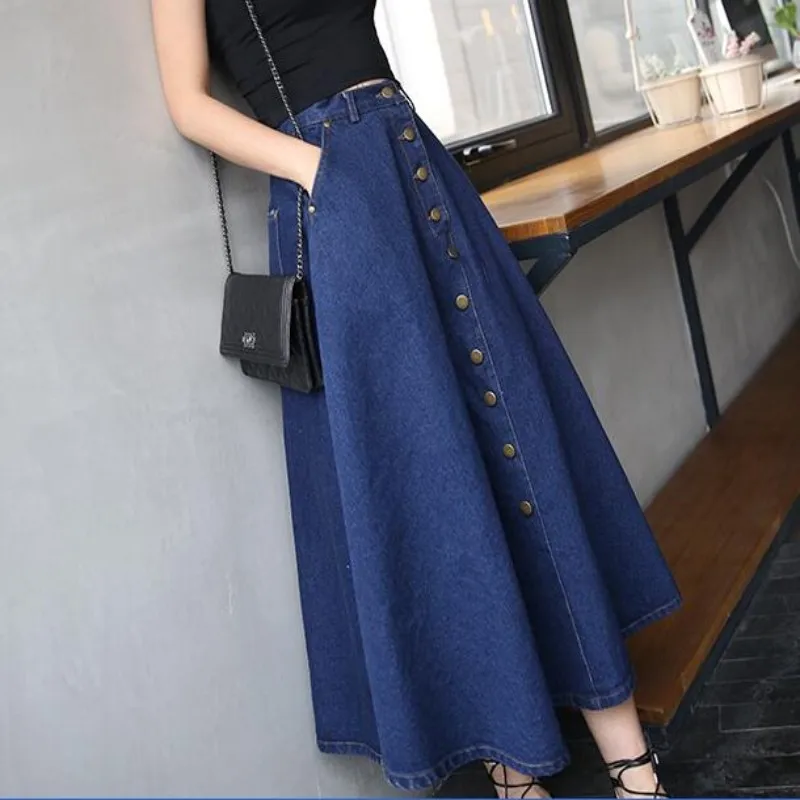 Spring Summer Female New Vintage Women A-line High Waist Fashion Long Mid Denim Flare Party Button Skirts Women Free Shipping
Spring Summer Female New Vintage Women A-line High Waist Fashion Long Mid Denim Flare Party Button Skirts Women Free Shipping