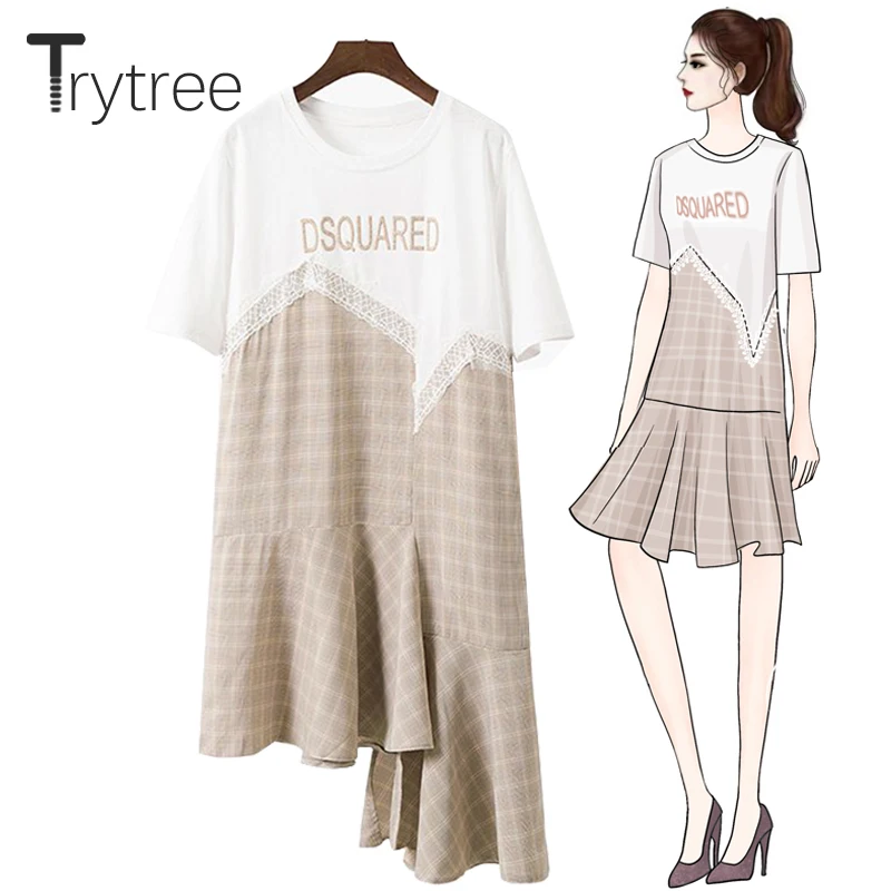 Trytree Summer Dress Women Casual Cotton t Shirt Patchwork Lace Plaid Polyester Asymmetry Ruffles Hem Fashion Dress A-line dress
Trytree Summer Dress Women Casual Cotton t Shirt Patchwork Lace Plaid Polyester Asymmetry Ruffles Hem Fashion Dress A-line dress