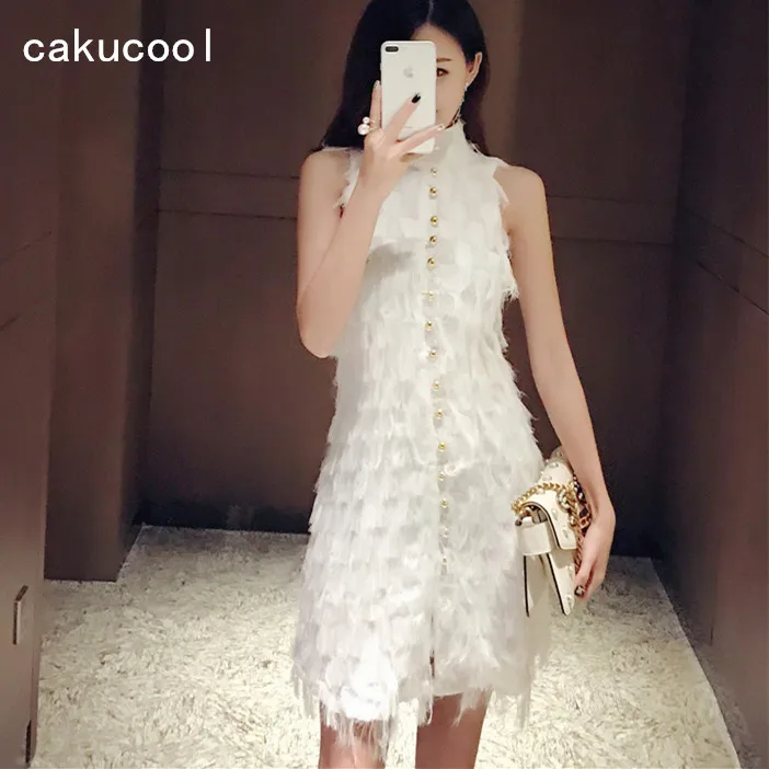 Новое летнее платье без рукавов Cakucool шикарное элегантное приталенное перья и