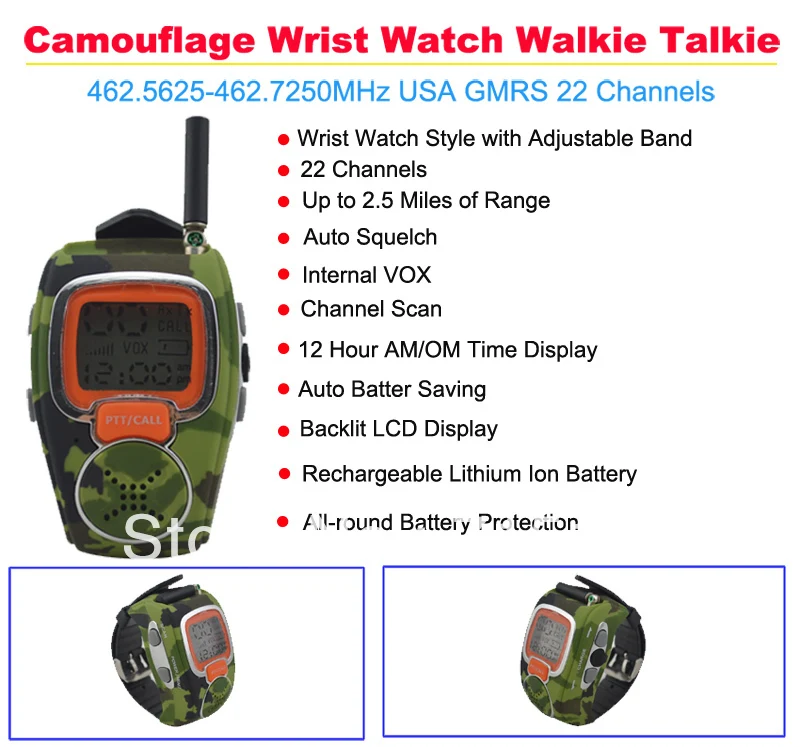 2pcs/lot Camouflage Wrist Watch Walkie Talkie 462.5625-462.7250MHz USA GMRS 22 Channels Walkie talkie watch for kid Freeshipping
2pcs/lot Camouflage Wrist Watch Walkie Talkie 462.5625-462.7250MHz USA GMRS 22 Channels Walkie talkie watch for kid Freeshipping