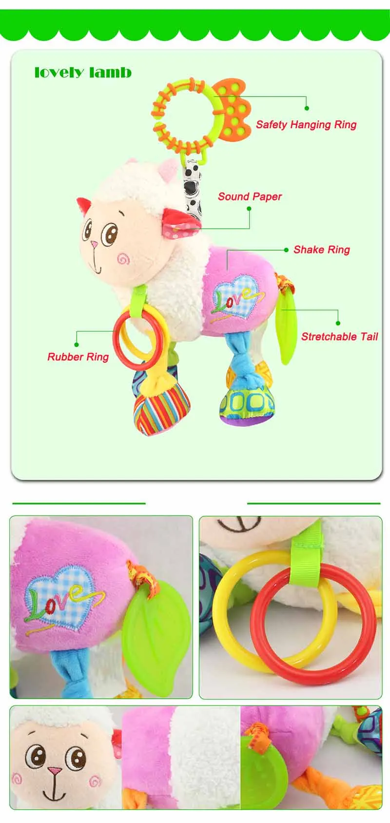 35*22CM Musical Cute Rattles Bed Crib Stroller Kids Stuffed Doll Vibrator Dog Hand Bell Shake RingToy With Teether D012 16