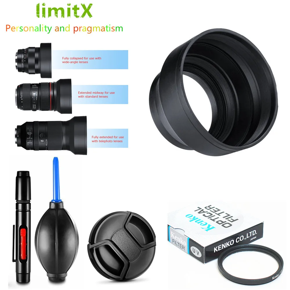 UV Filter + Collapsible Rubber Lens Hood + Cap + Pen Air Blower for Panasonic DMC-LX100 LX100 II LX100M2 Leica D-LUX Typ109
UV Filter + Collapsible Rubber Lens Hood + Cap + Pen Air Blower for Panasonic DMC-LX100 LX100 II LX100M2 Leica D-LUX Typ109