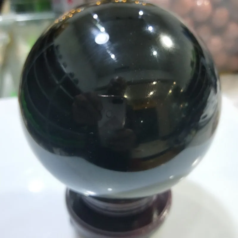 

DHXYZB 10cm Natural black obsidian sphere crystal Quartz Globe Ball Rock stone and Mineral Chakra Reiki Healing Home decoration