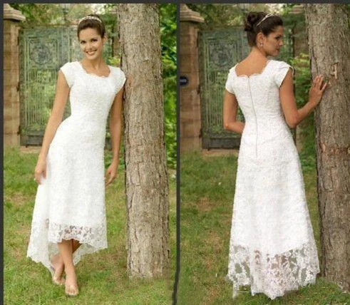 2019 White Tea Length High Low Lace Wedding Dresses U Neck Cap Sleeves Modest Wedding Gowns Elegant Pleats Beach Bridal Gowns
2019 White Tea Length High Low Lace Wedding Dresses U Neck Cap Sleeves Modest Wedding Gowns Elegant Pleats Beach Bridal Gowns