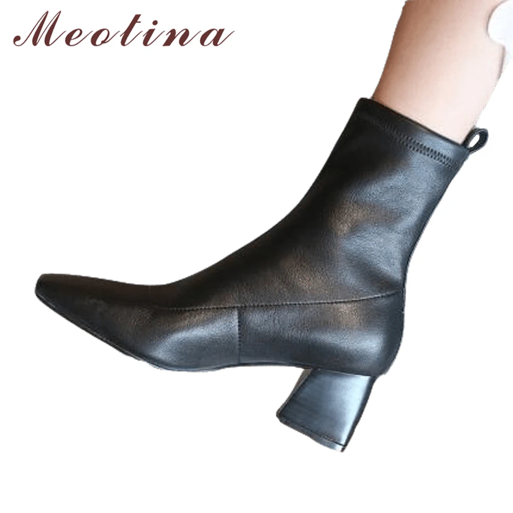 Meotina Women Thick High Heel Sock Boots Winter Ankle Boots Square Toe Short Boots Female Leisure Shoes Black Brown Size 34-40 
Meotina Women Thick High Heel Sock Boots Winter Ankle Boots Square Toe Short Boots Female Leisure Shoes Black Brown Size 34-40