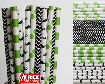 

200pcs Mixed 4 Designs Lime Green and Black Themed Paper Straws-Polka Dot,Sailor Striped,Chevron,Mustache Party,Cute Little Boys