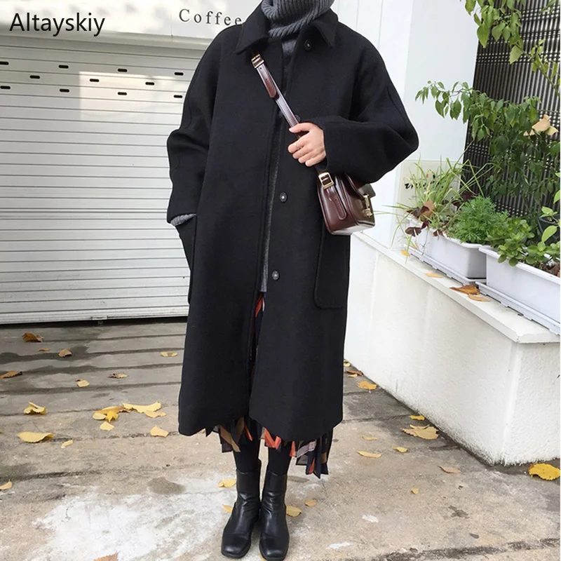 Blends Women Simple Long Coat Black Korean Girl All-match Single Breasted Womens Trendy Blend Solid Pockets High Quality Lovely
Blends Women Simple Long Coat Black Korean Girl All-match Single Breasted Womens Trendy Blend Solid Pockets High Quality Lovely