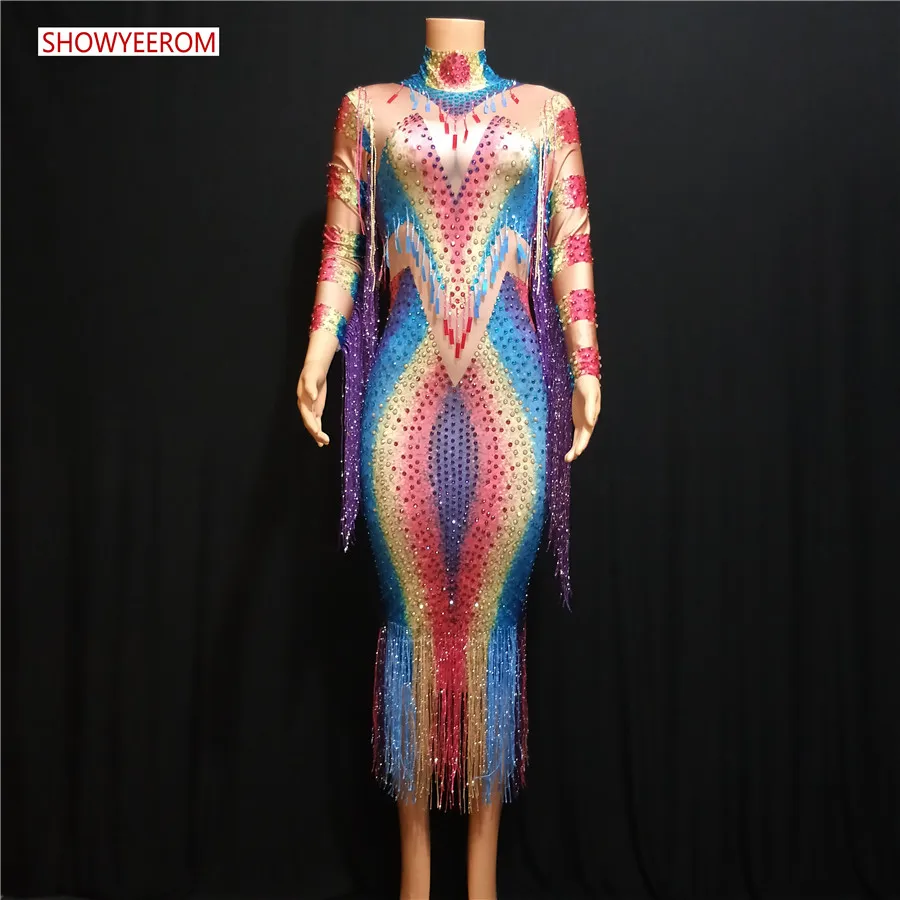 Fashion colorful Rhinestones Fringes Dress Women Evening Birthday Celebrate Tassel Dress Stage Women Singer Dancer Long Dress
Fashion colorful Rhinestones Fringes Dress Women Evening Birthday Celebrate Tassel Dress Stage Women Singer Dancer Long Dress