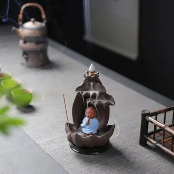 

Buddhist Culture Backflow Incense Burner Zen Monk Style Incense Cone Sticks Holder Aroma Home Decor Porcelain With Led Light