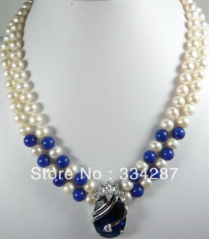 Noble 2 row White 7-8 Genuine Pearl Lapis lazuli Dark-Blue 18K GP Zircon Crystal pendant women Jewelry Necklace 18inches
Noble 2 row White 7-8 Genuine Pearl Lapis lazuli Dark-Blue 18K GP Zircon Crystal pendant women Jewelry Necklace 18inches